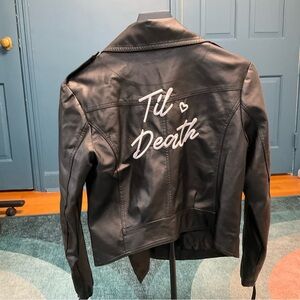 Faux Leather Moto Jacket “Til Death” Embroidered | Black | Size Small | Bride
